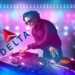 A DJ performs next a superimposed Delta Air Lines logo. (Delta Air Lines logo property of Delta Air Lines. DJ image ©iStock.com/ra2studio. Eye of the Flyer composite.)