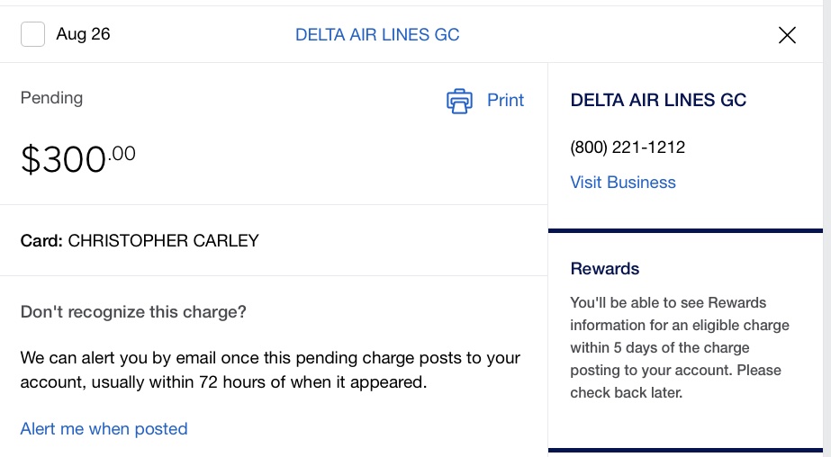 Delta gift card Amex Offer purchase