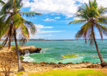 Beautiful coast with palms in Santo Domingo, Dominican Republic. Caribbean sea with lighthouse