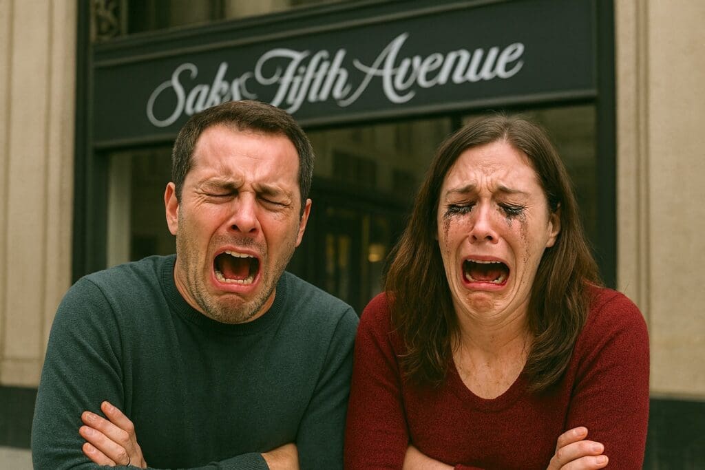 A man and a woman are standing in front of a Saks Fifth Avenue store, both with exaggerated expressions of crying. The man is wearing a green sweater, and the woman is in a red sweater with mascara running down her face.