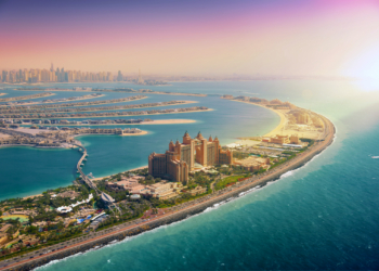 Dubai skyline from Palm Island, United Arab Emirates
