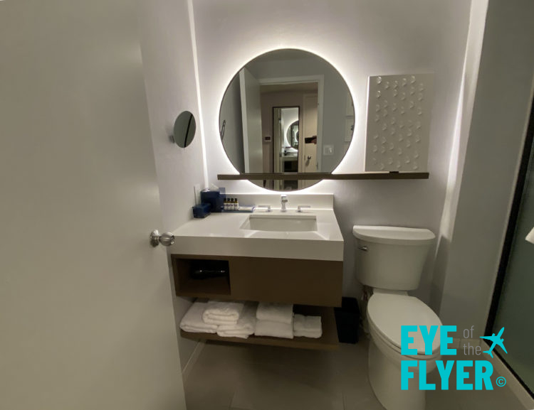 A view inside the bathroom of a king bedroom at the Hyatt Regency Boston Harbor airport hotel in Boston, Massachusetts.