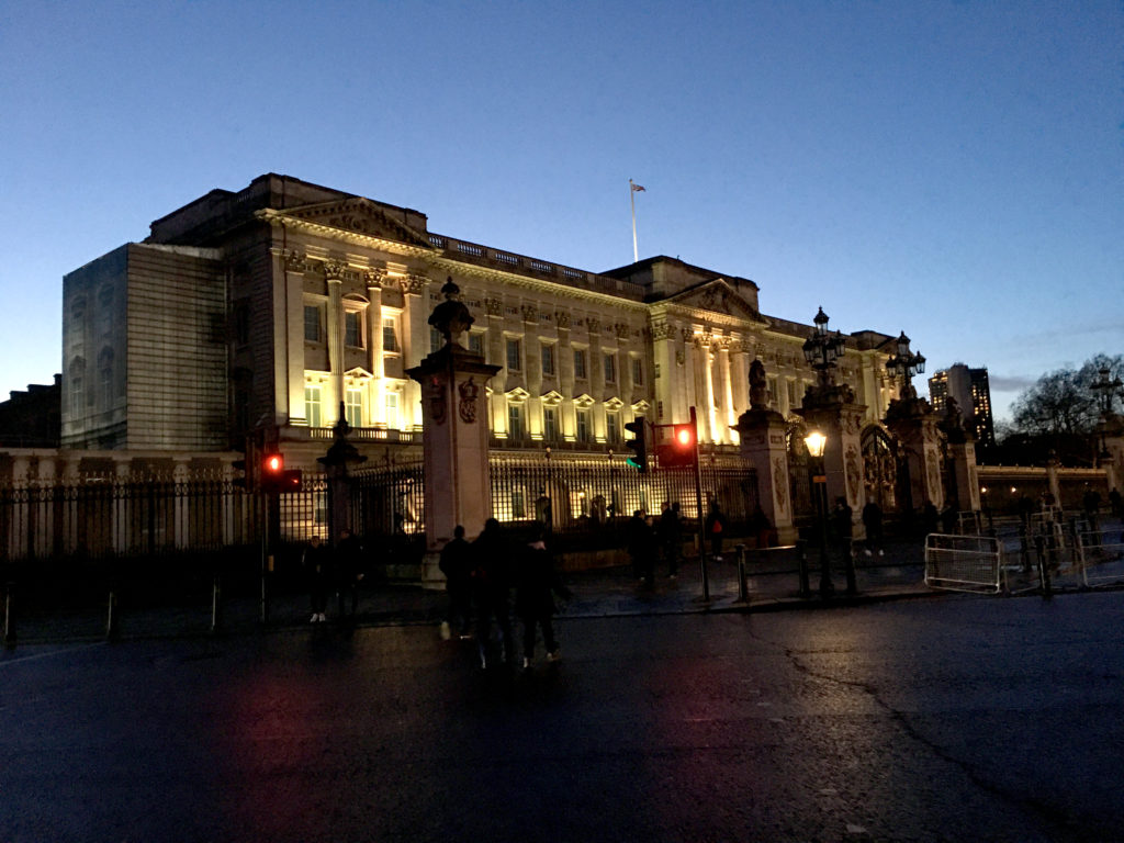 Buckingham Palace during a late winter evening.