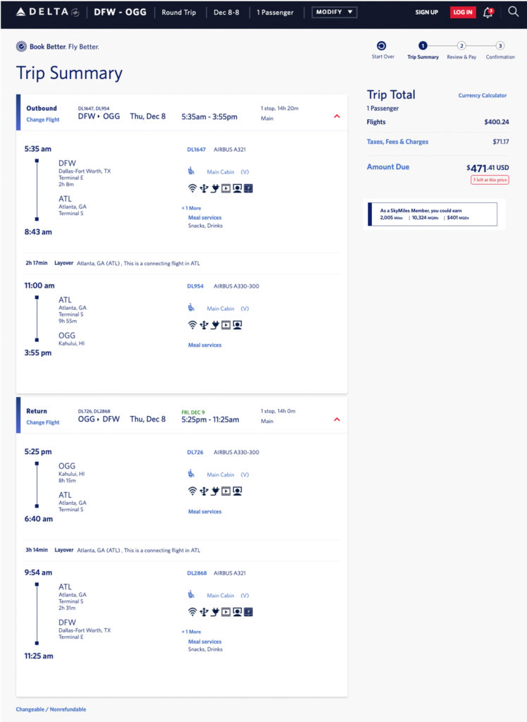 Delta Air Lines mileage run from Dallas (DFW) to Kahului, Maui (OGG) in December 2022.