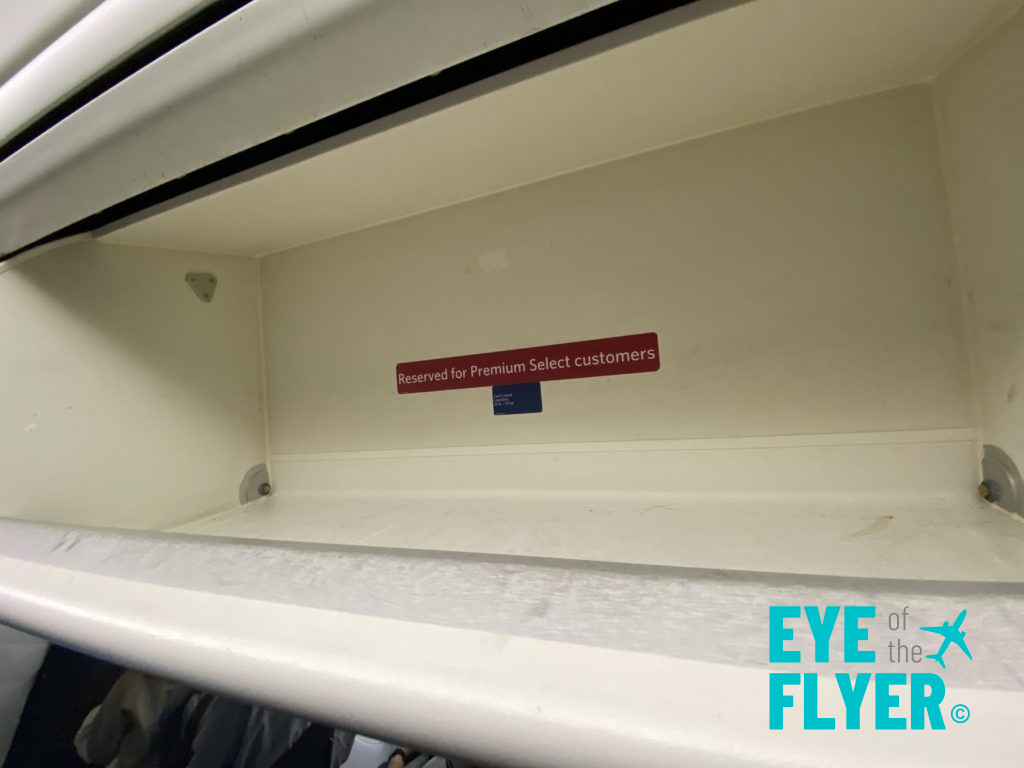 Delta Premium Select overhead bin in the center section of a 767-400.