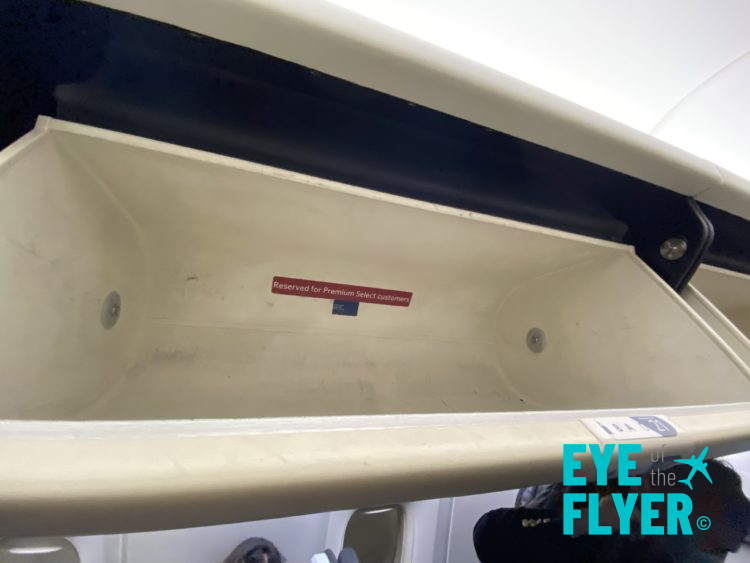 Delta Premium Select overhead bin on the port side of a 767-400.