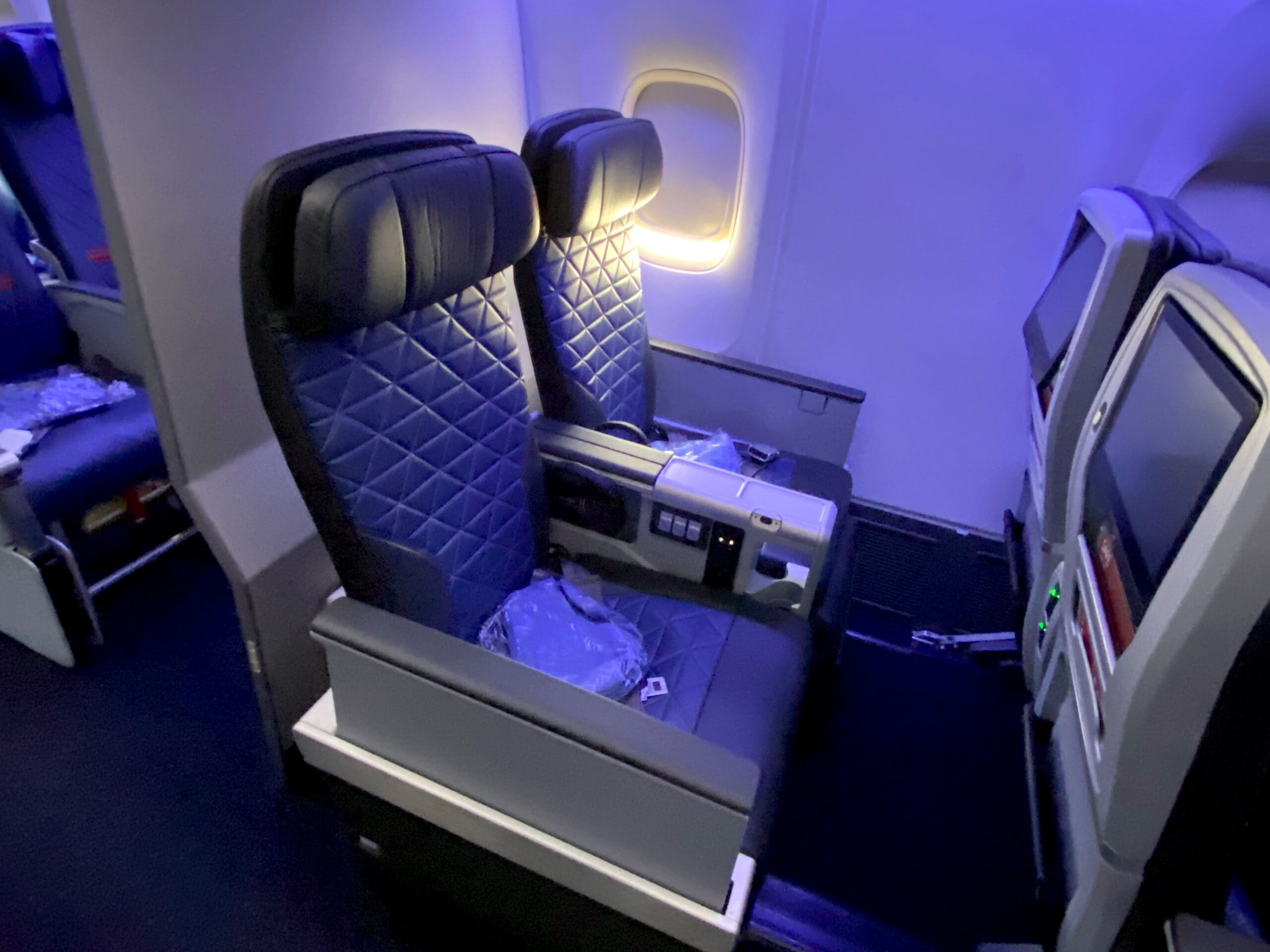 Seats 22A and 22B are seen in the Premium Select cabin of a Delta Air Lines 767-400.