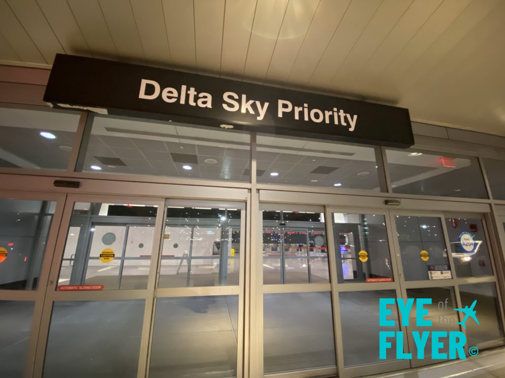 A Delta Sky Priority sign at Boston Logan Airport (BOS). This is where the Hyatt Regency Boston Harbor airport shuttle picks up guests.