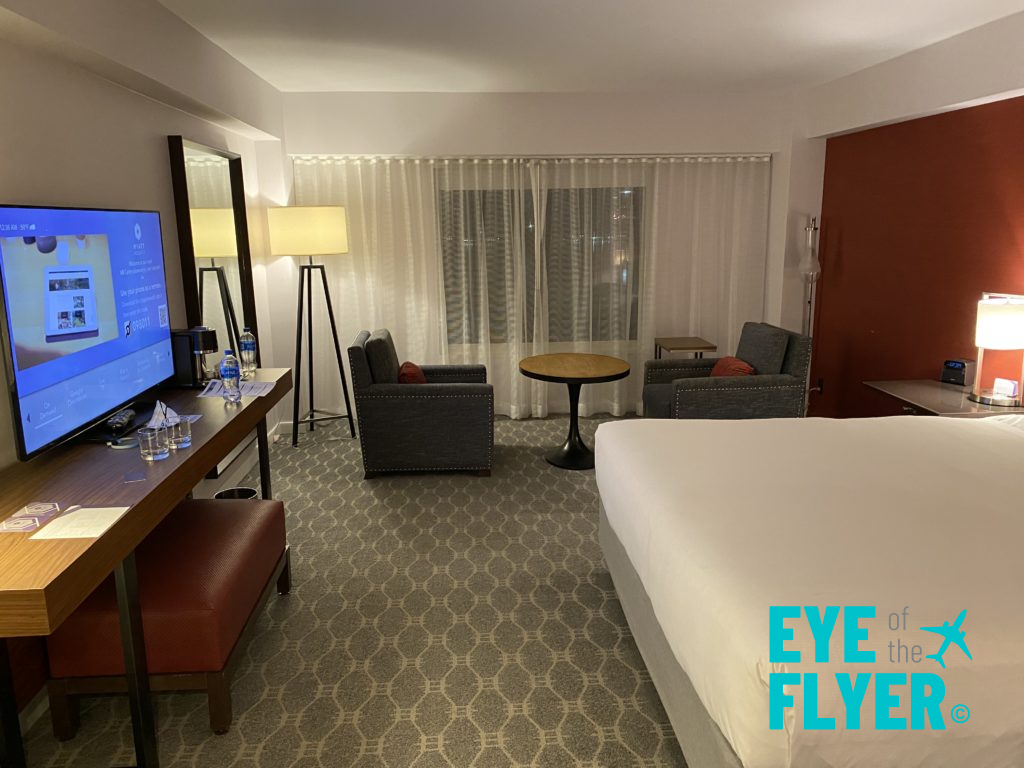 A view of a king bedroom at the Hyatt Regency Boston Harbor airport hotel in Boston, Massachusetts.