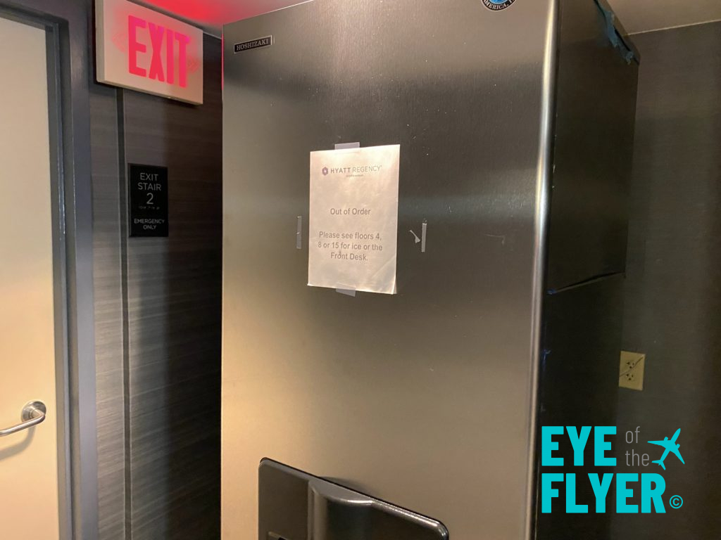 A sign indicates several ice machines are out of order at the Hyatt Regency Boston Harbor airport hotel in Boston, Massachusetts.