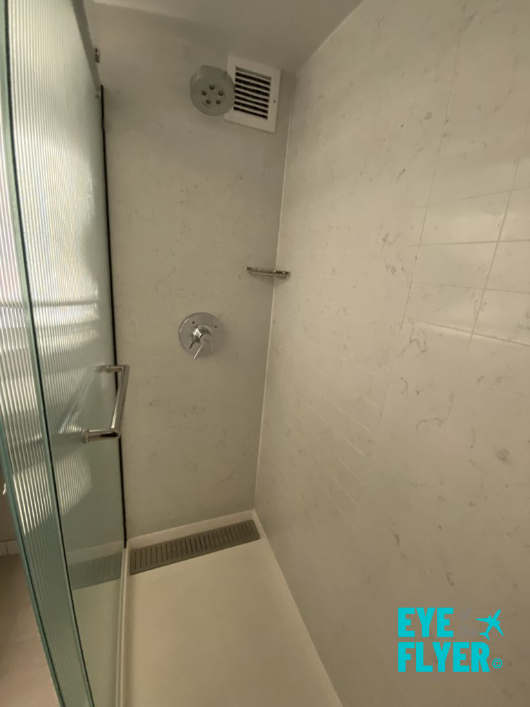 A shower is seen in the bathroom of a king bedroom at the Hyatt Regency Boston Harbor airport hotel in Boston, Massachusetts.