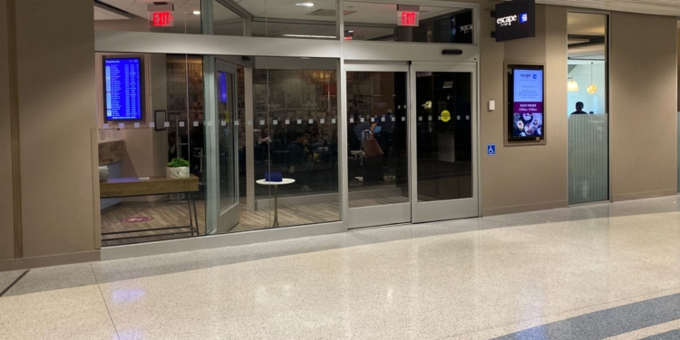 a glass doors in a building