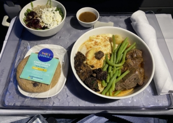 Delta Air Lines First Class meal: port wine demI-glace, potato gratin, sautéed mushrooms, haricot vert, and caramelized onions