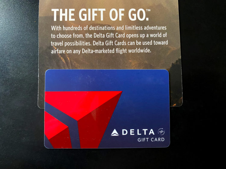A physical Delta Air Lines gift card. (Delta Air Lines branding property of Delta Air Lines. Eye of the Flyer photograph.)