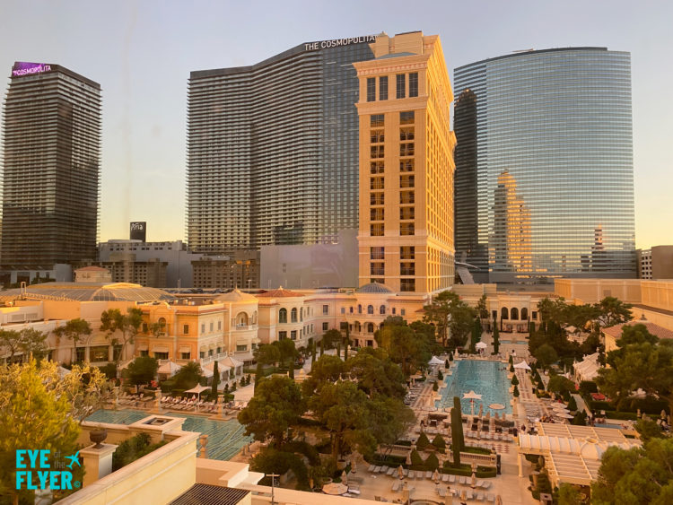 A view of Bellagio, Cosmopolitan, and Aria in Paradise, Nevada, near the Las Vegas Strip. The room was paid for with a myVEGAS redemption.
