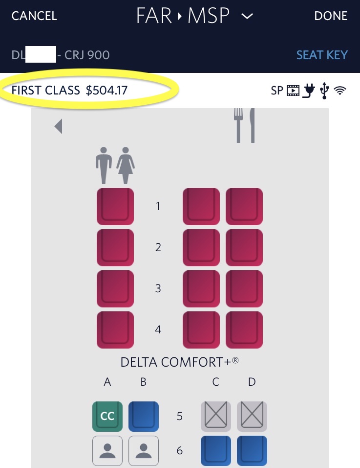 The cost of a First Class buy-up offer on a Delta Connection flight between Fargo, North Dakota, and Minneapolis-St. Paul, Minnesota.