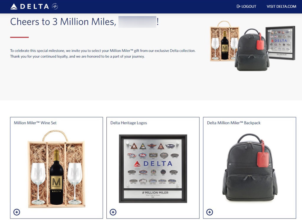 Delta Three Million Miler gift selection