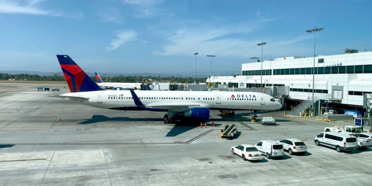 A Delta Air Lines 757, tail number N545US, is seen at Los Angeles International Airport (LAX) in California.