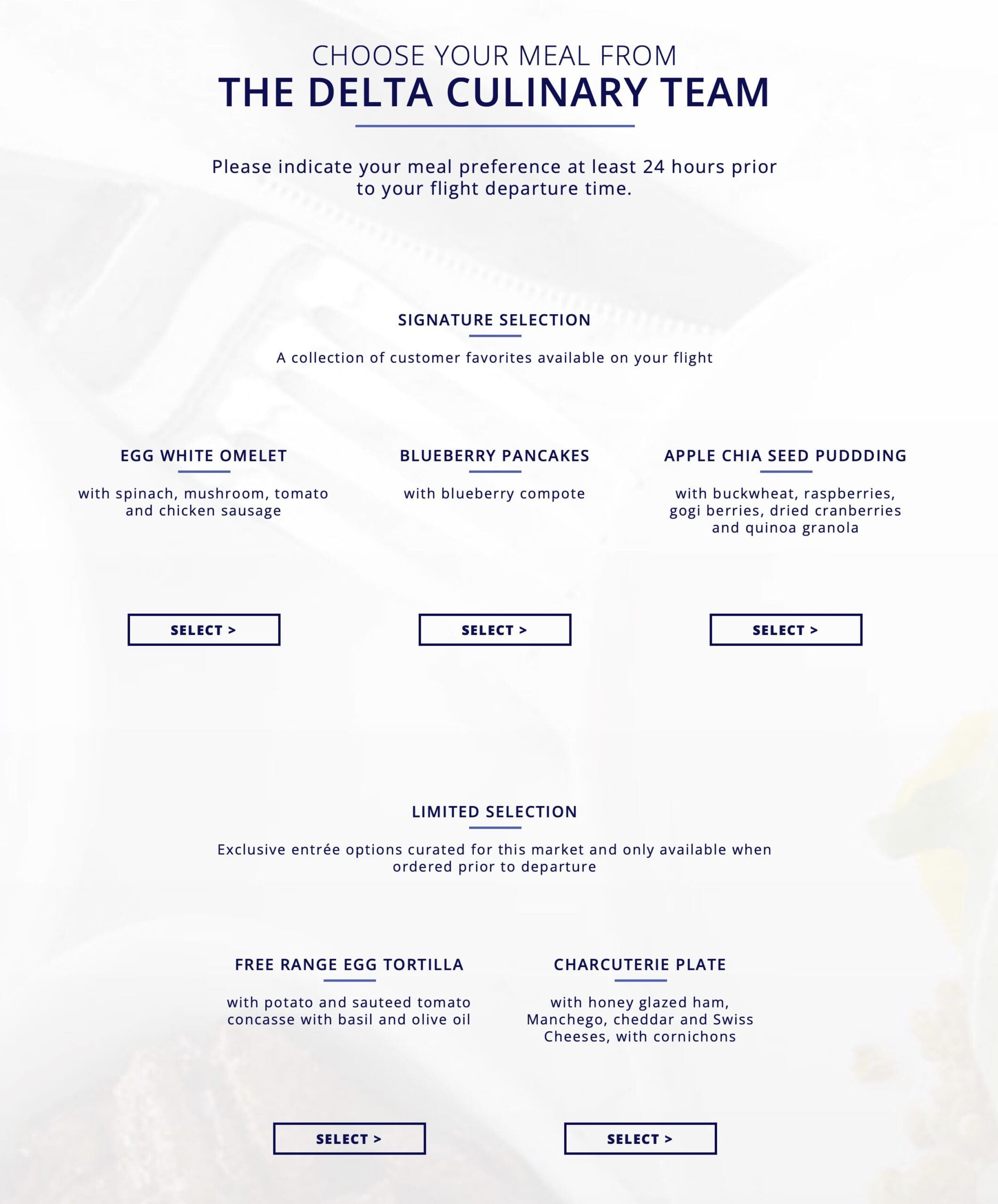 First Class breakfast options for the Delta Air Lines A321neo inaugural flight.