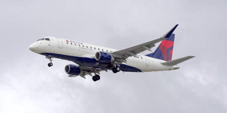 Los Angeles, California, USA - March 10, 2019: image of Delta Air Lines Connection 2016 Embraer ERJ-175LR with registration N251SY shown approaching LAX, Los Angeles International Airport.