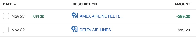 A canceled Delta Pay With Miles trip credited to the Amex Business Platinum card's airline incidental credit.
