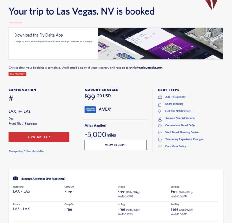 Confirmation of a Delta Pay With Miles trip and charging it to an Amex Business Platinum card to earn back the $200 airline incidental credit.