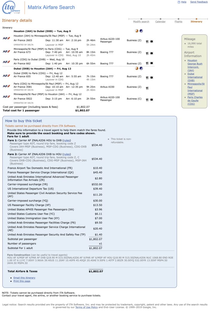 Houston to Dubai mileage run (Delta and Air France)