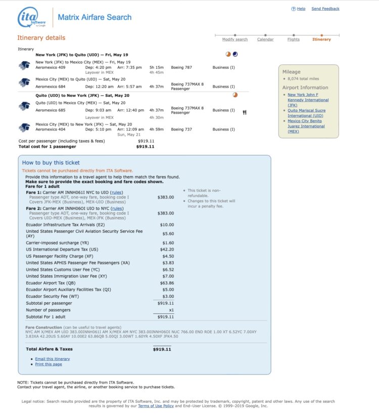 Business Class WEEKEND Mileage and Status Run for Delta MQD and MQM — New York (JFK) to Quito (UIO): Estimated $3329 MQD and and 12,036 MQM for $920!