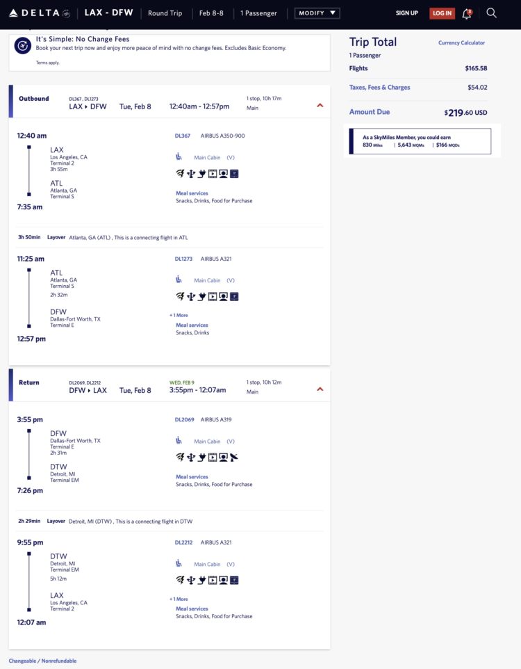 LAX to DFW Delta mileage run during February 2022.