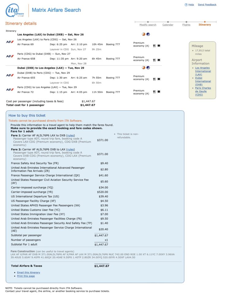 LAX to Dubai mileage run in November 2022