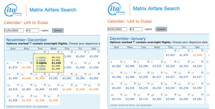 LAX to Dubai mileage run dates in 2022