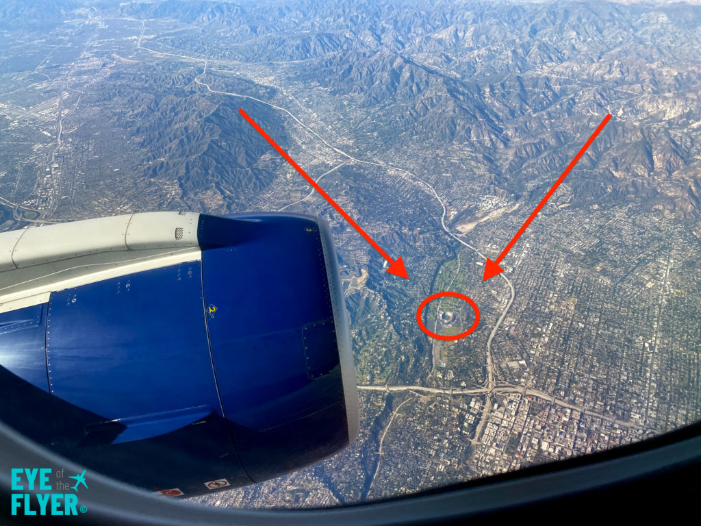 The Rose Bowl in Pasadena, California, seen during a climb while flying out of Los Angeles.