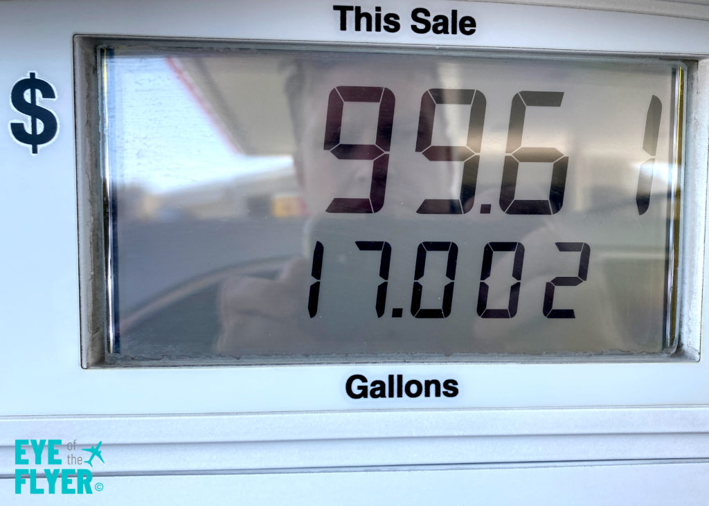 Spending almost a $100 to fill a tank of gas at Shell station in Southern California.