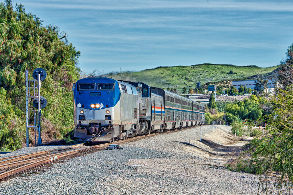 Amtrak Coast Starlight train (Los Angeles - Seattle) powered by P42DC locomotives at Moorpark, California.