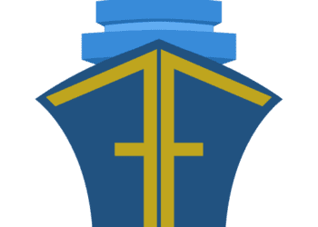 a blue and yellow ship with a cross on it