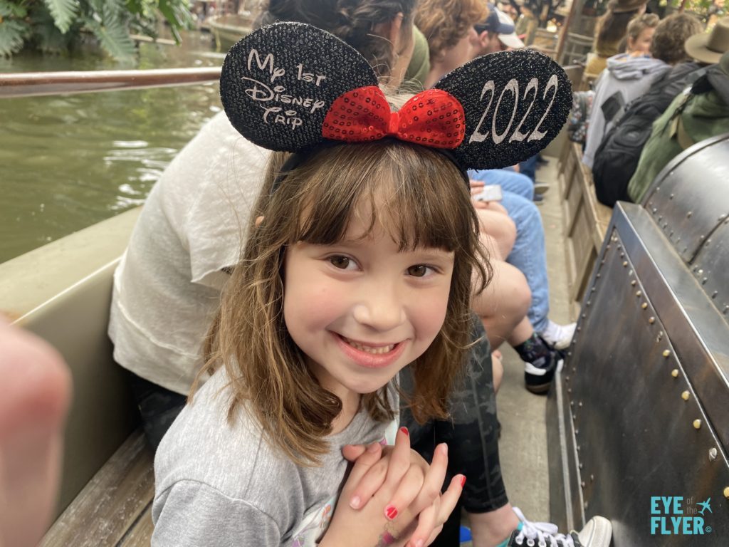 A little girl rides on "Jungle Cruise" during her first Disneyland visit.