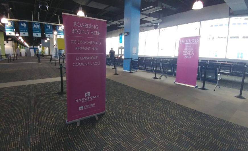 a pink sign in a building