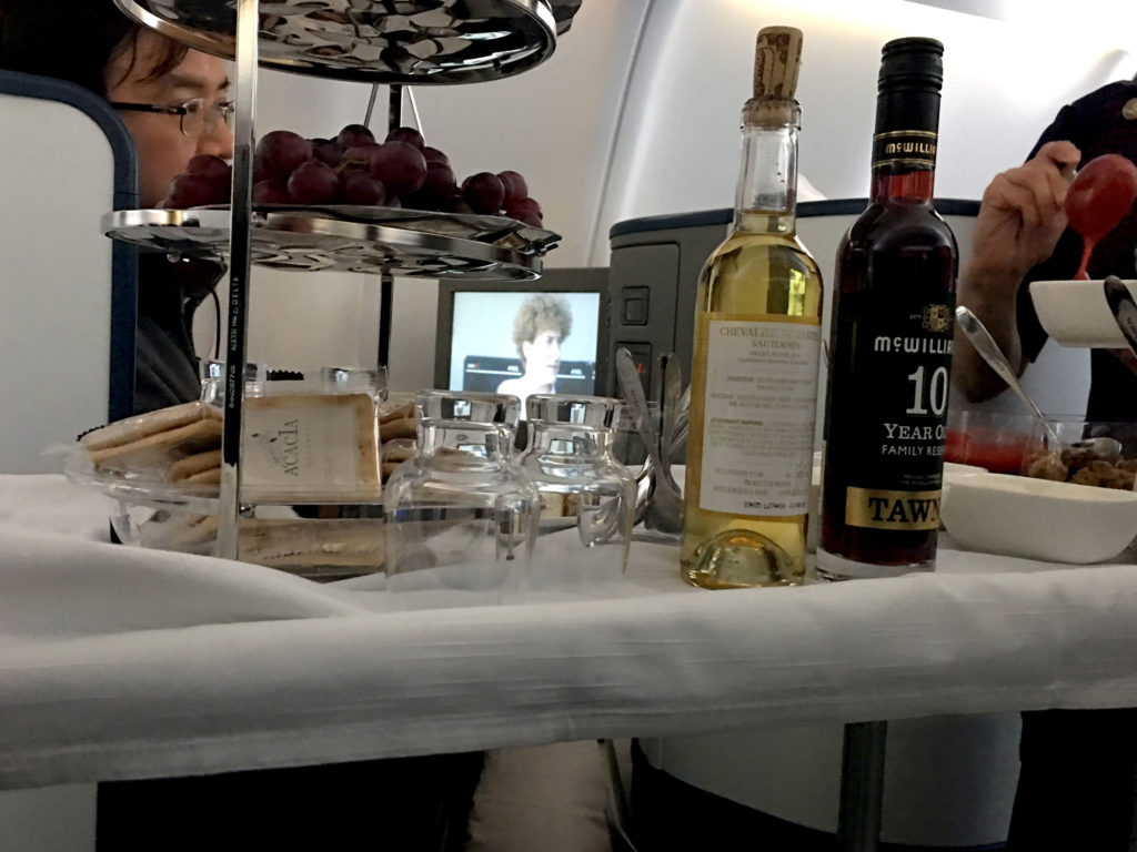 A Delta One dessert cart is seen during a flight from Los Angeles to Tokyo Haneda.