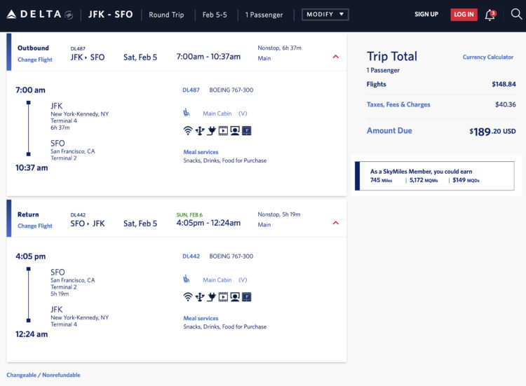 JFK to SFO Delta Mileage Run in February 2022.