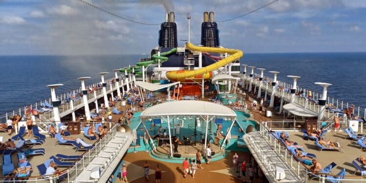 a large cruise ship with people on deck