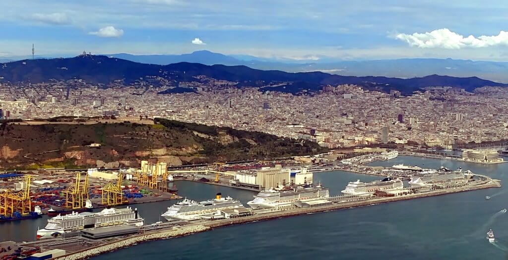 a large city with boats and a body of water