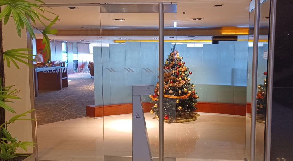 a glass door with a christmas tree in it