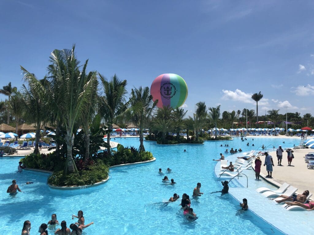 a group of people swimming in a pool