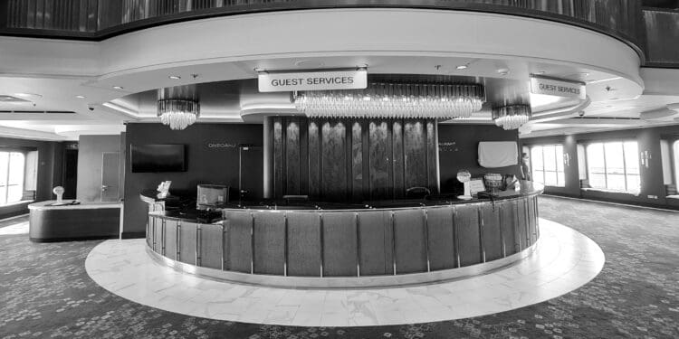 a reception desk in a hotel