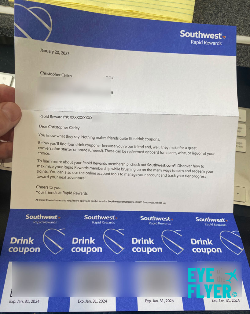 Southwest Airlines drink tickets, expiring January 31, 2024