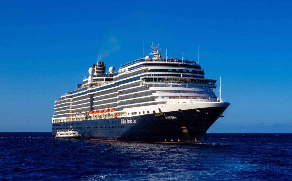 Half Moon Cay island, Bahamas: Holland America cruise ship Eurodam docked at sea near the Bahamas. (©iStock.com/Marina113)