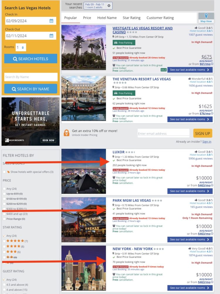 $10,000 a Night for Las Vegas Super Bowl Hotel Rooms?!