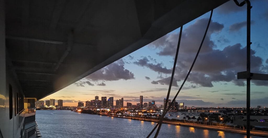 a city skyline seen from a bridge