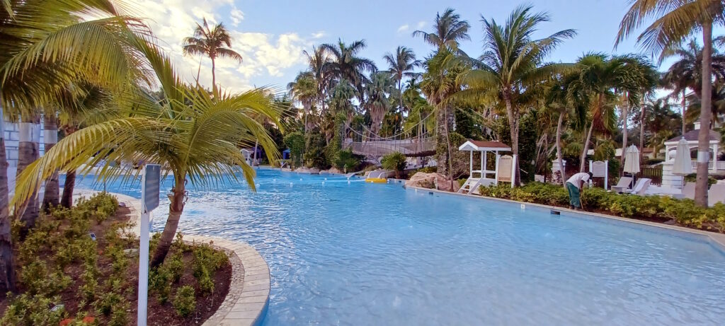 a pool with palm trees and a bridge