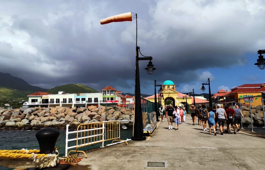 a group of people walking on a dock